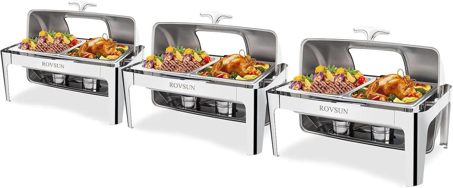 

ROVSUN 3 Pack Roll Top Chafing Dish Buffet Set,9 Quart Rectangular NSF Stainless Steel Chafer for Catering,Buffet Servers and