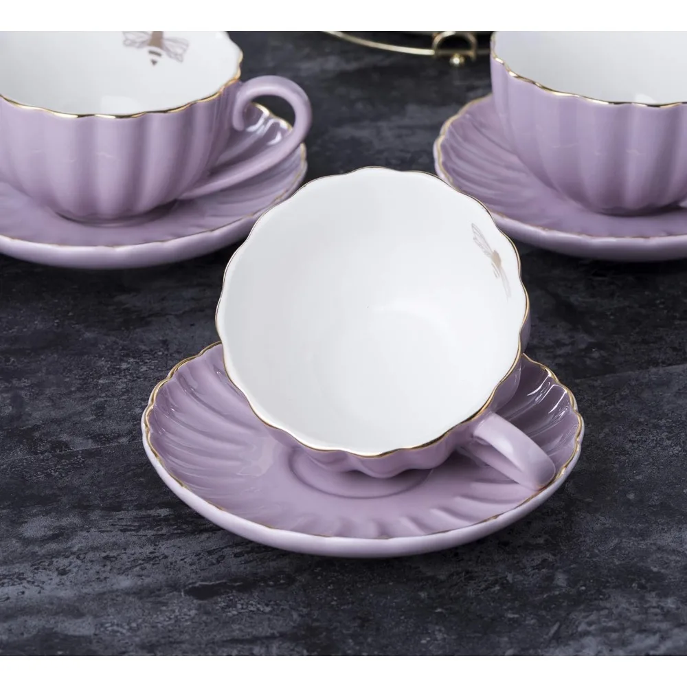 8oz purple coffee/tea cups, saucer, spoon, teapot and creamer set, 17-piece set