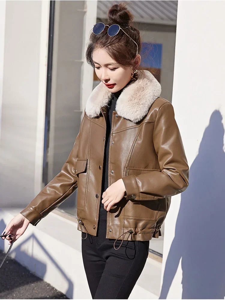 New Women Plus Velvet Lining Leather Jacket Autumn Winter Casual Fashion Fur Collar Loose Thicken Warm Leather Coat Female