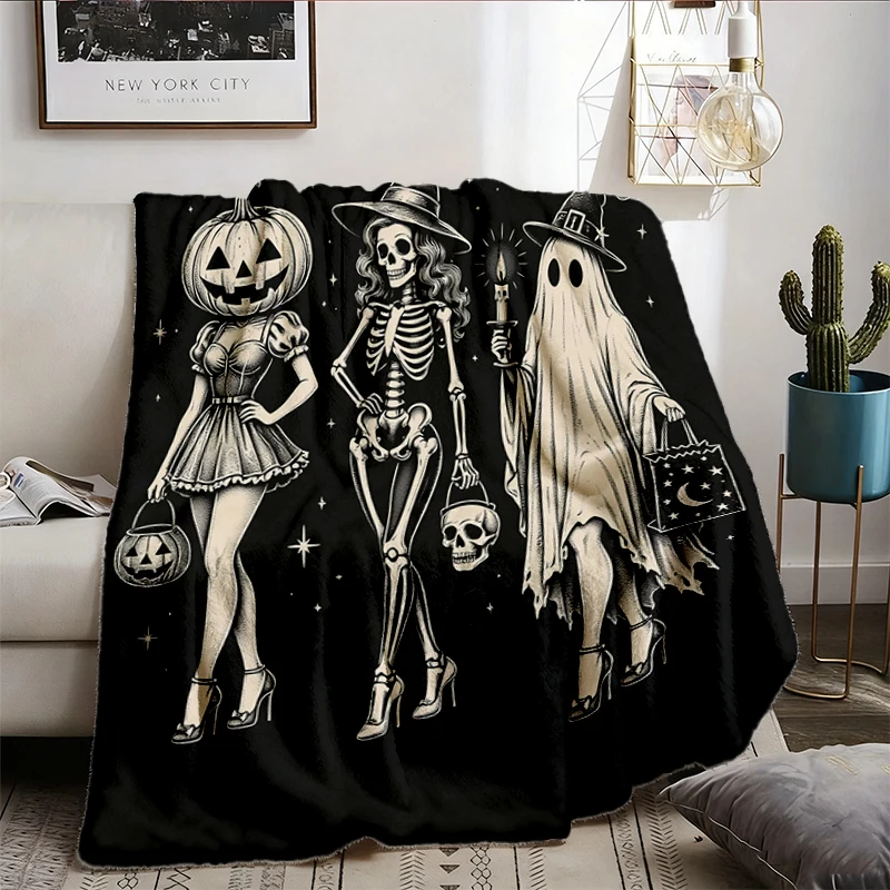 Comfort Colors Spooky Squad Flannel Blanket, Skeleton Ghost Pumpkin Flannel Throw, Witchy Fall Cozy Blanket