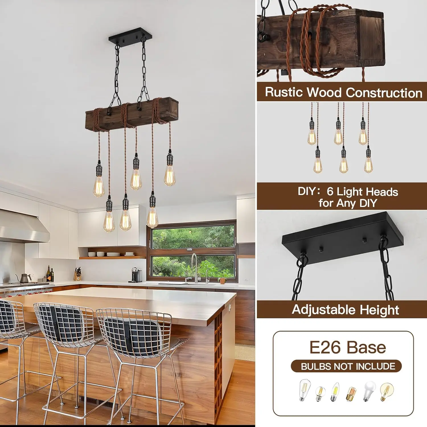 6-Light Farmhouse Chandelier - Rustic Wood Adjustable Pendant Light for Dining Room, Kitchen Island & Bar
