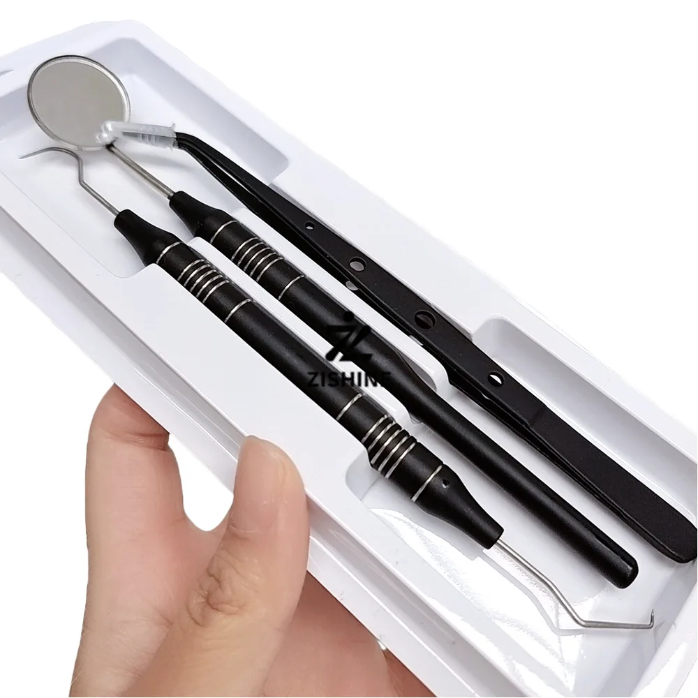 3-Piece Stainless Steel Dental Examination Instrument Set (Black Probe and Tweezers)