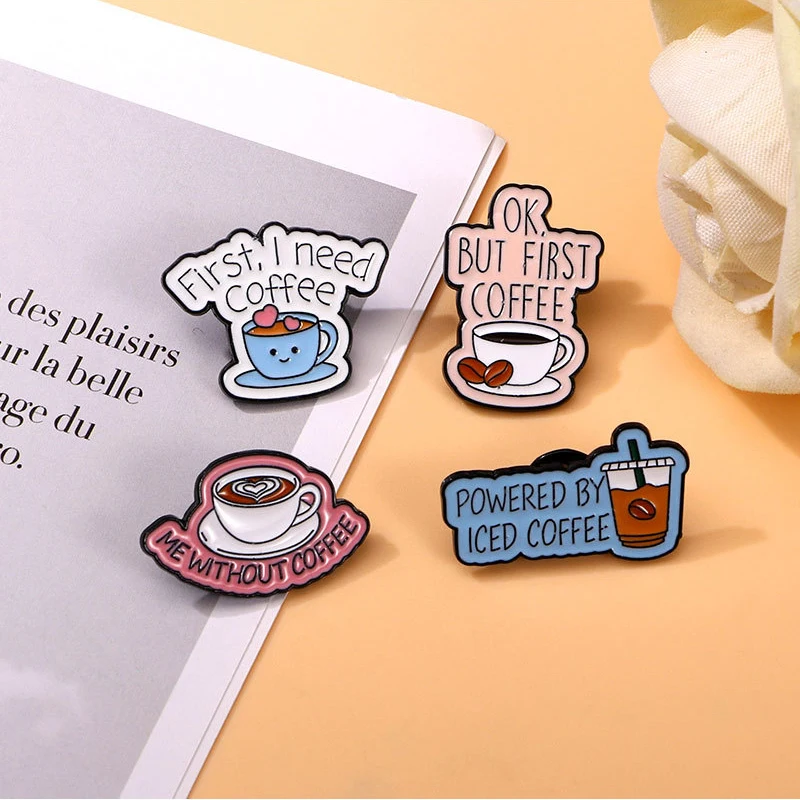Cute Coffee Element Brooch Pins Powered By Iced Coffee OK But First Coffee Motto Enamel Corsage Lapel Pin Jewelry Accessory Gift