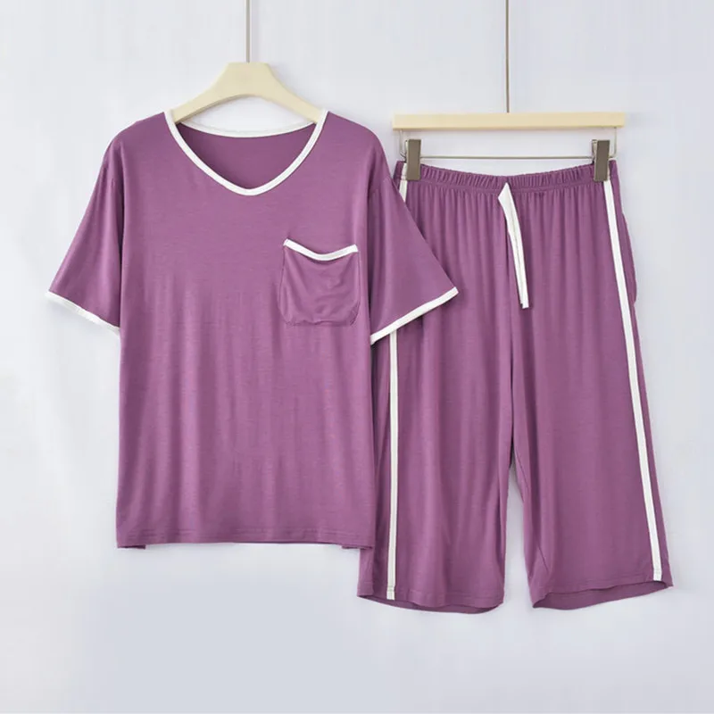 Korean Comfortable Modal Pajamas For Women New Pocket Short Sleeve Top Capri Pants Set Summer Sleepwear Pyjamas Femme Home Suit