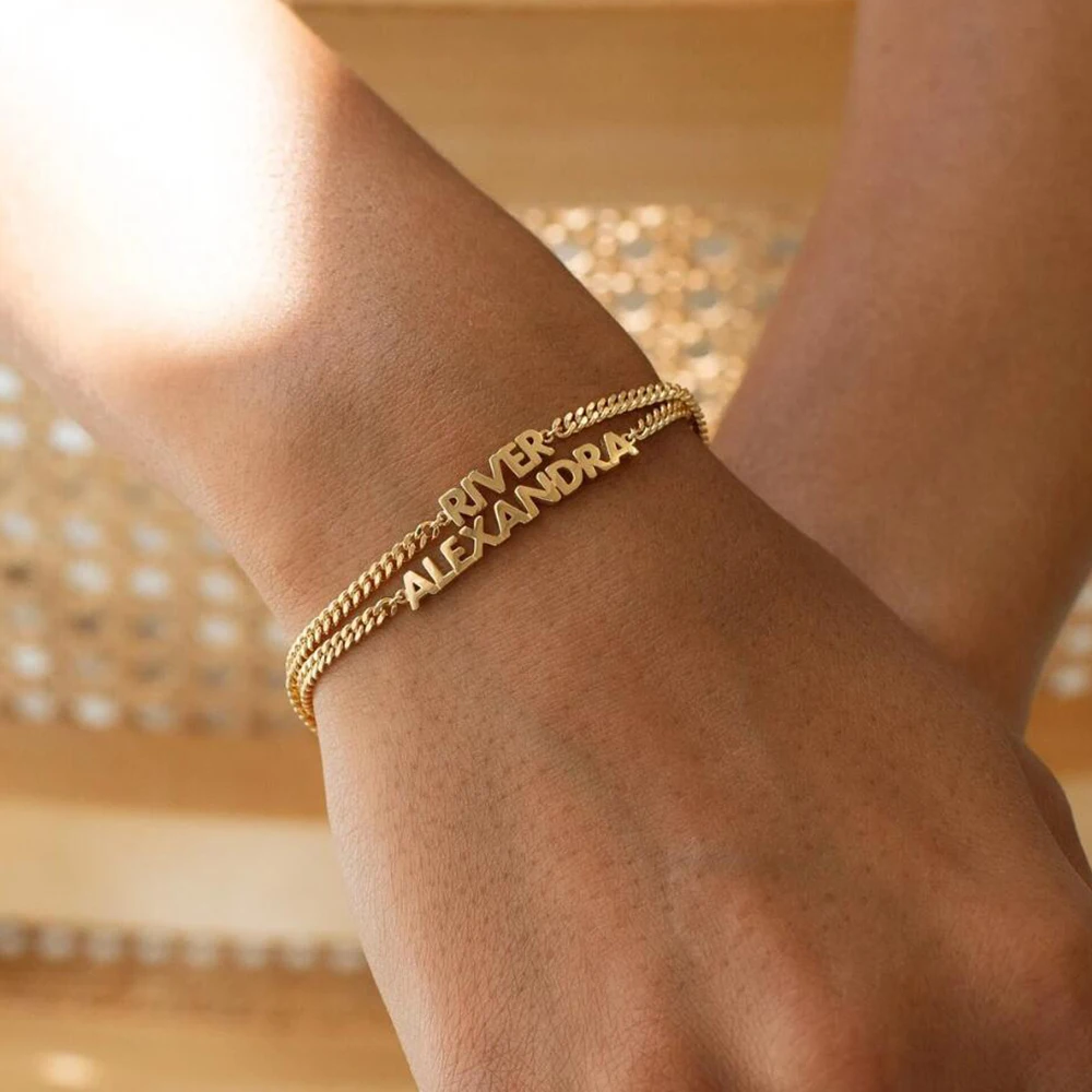

Customized Double-Layer Name Bracelet, Personalized Cuban Chain, Exquisite Bracelet For Women's Jewelry, Holiday Gift