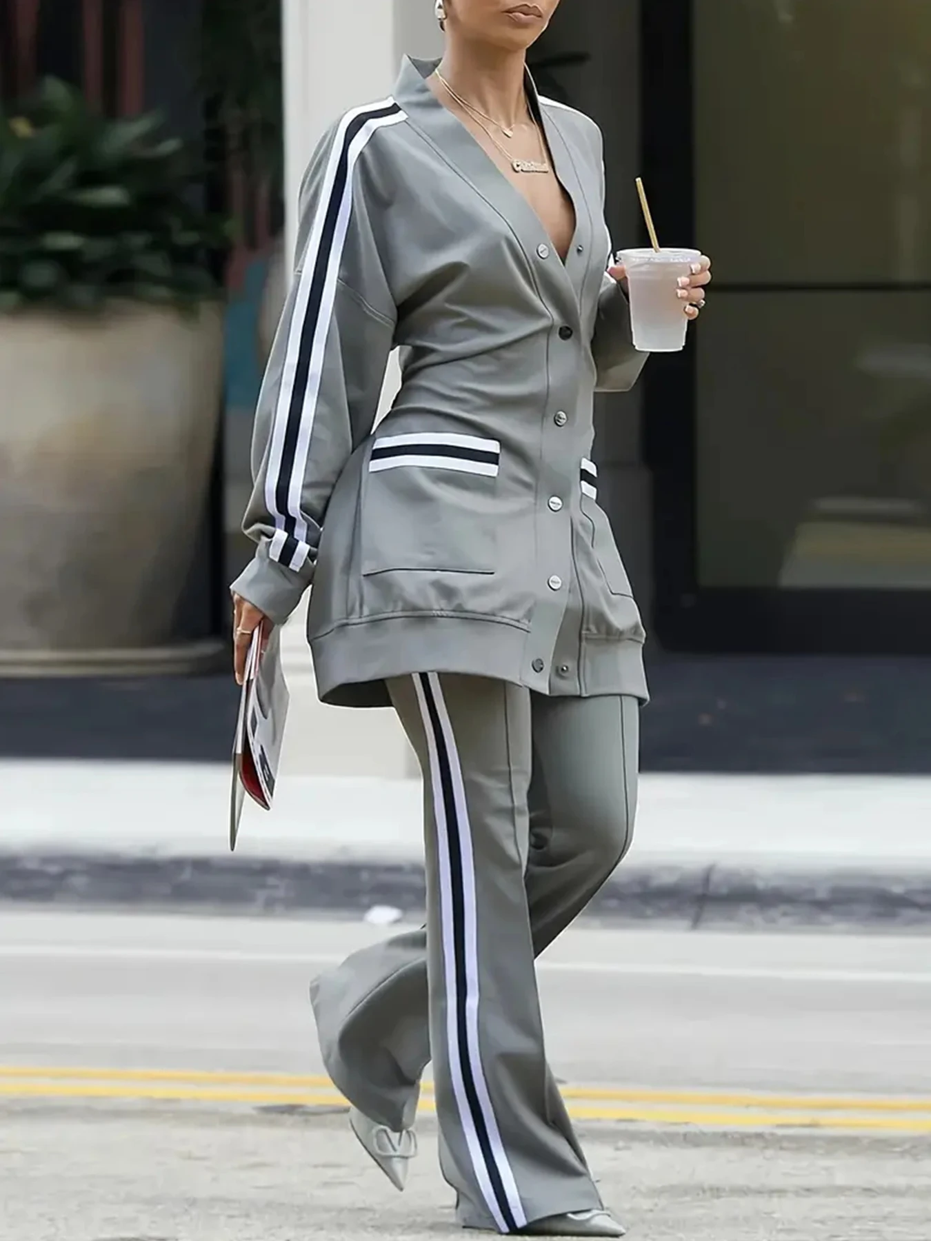 بدلة نسائية جديدة متعددة الاستخدامات بشريط جانبي كاجوال مكونة من قطعتين #3