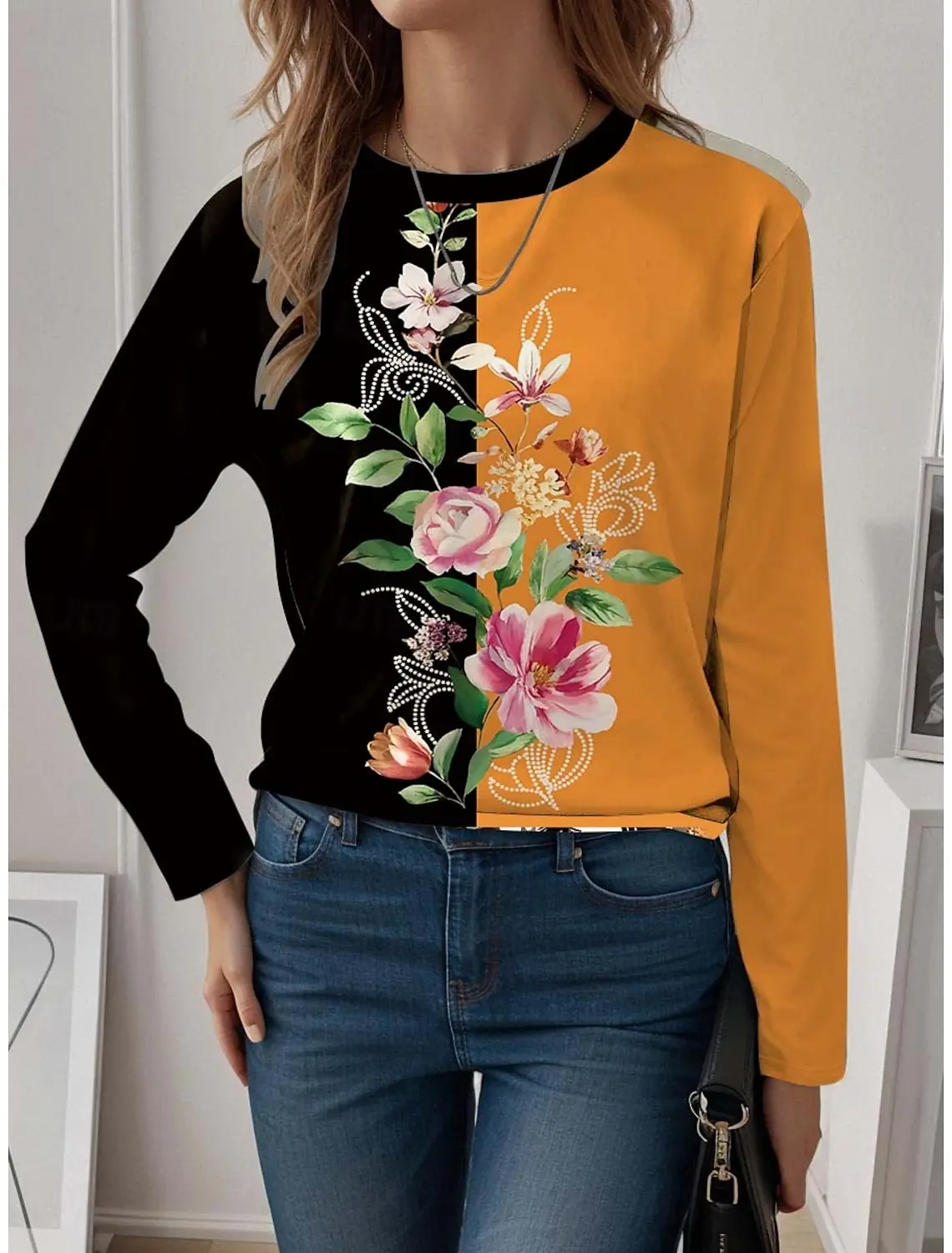 

Fashion Women's Long Sleeve Colorful flowers Pattern 3D T Shirt 2024 Autumn New Women's Top Harajuku Fun Pullover Clothing Top
