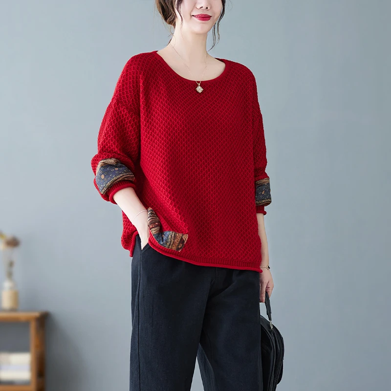 Retro Ethnic Patchwork Cotton Thread Thin Knitted Sweater Women's Loose Artistic round Neck Overhead Top for Autumn Winter