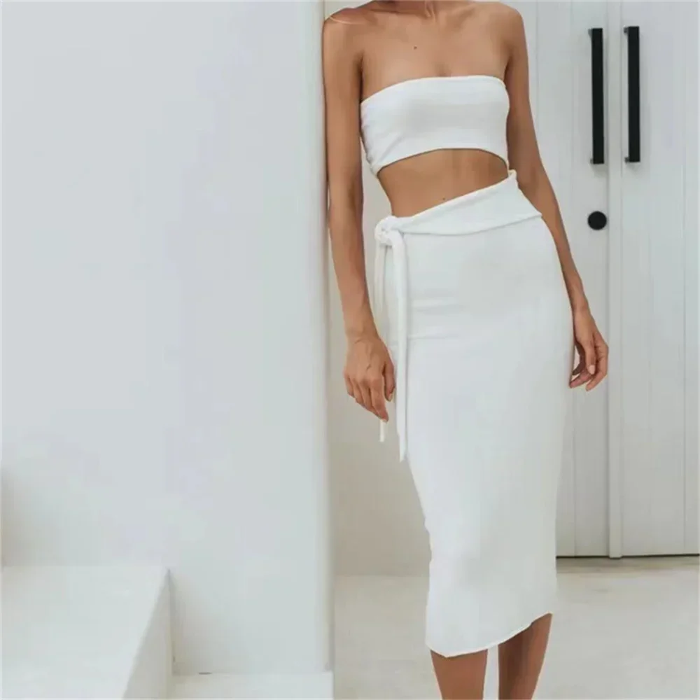 Knitted Strapless Dress Cut Out Bandage Bodycon Midi Slit Tube Top Dresses Y2K Fashion Women Wrap Hip Lace Up Knitwears Vestidos