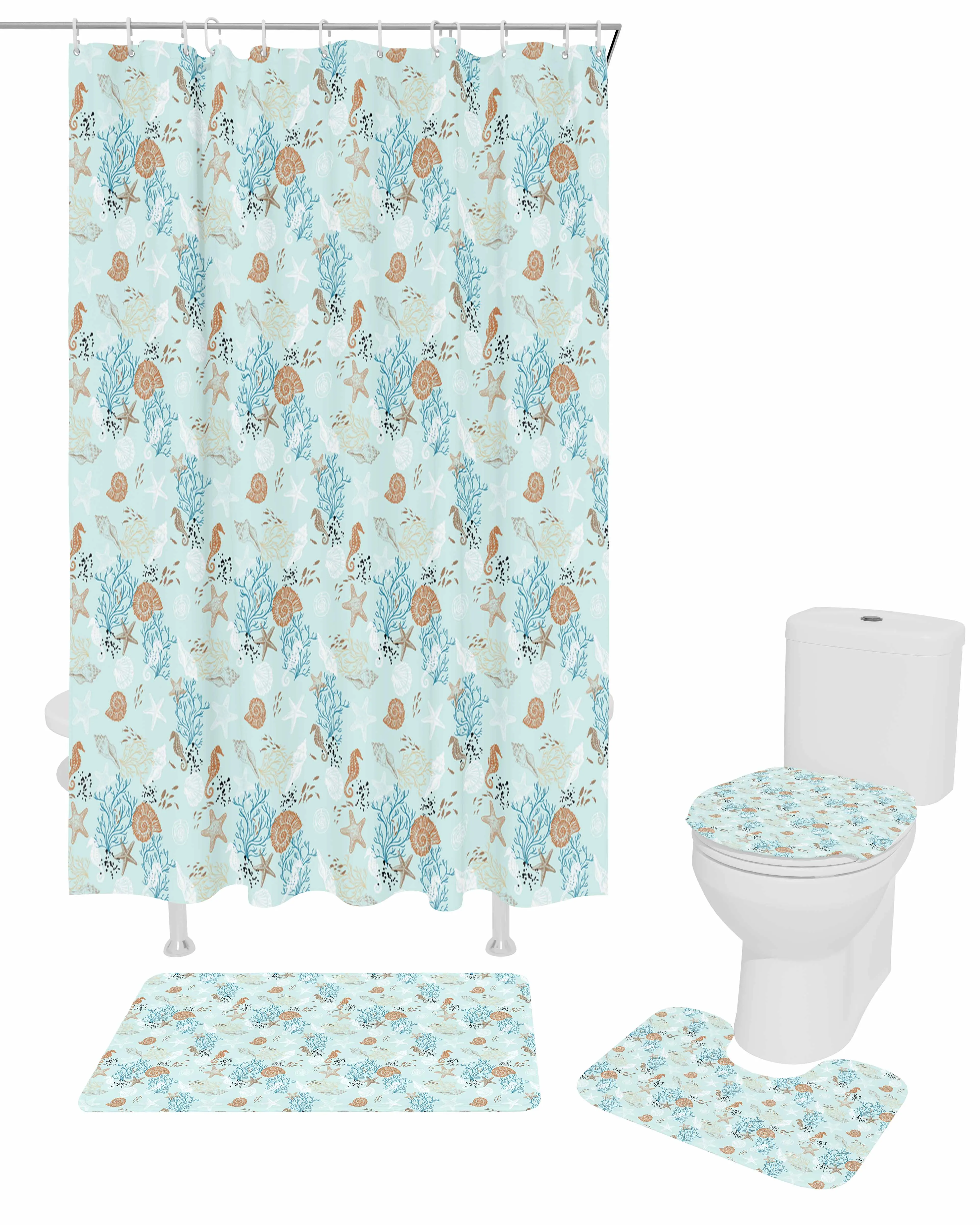 Starfish And Shells Coral Retro Shower Curtain Set Non-Slip Rugs Bath Mat Toilet Lid Cover Waterproof Bathroom Curtain