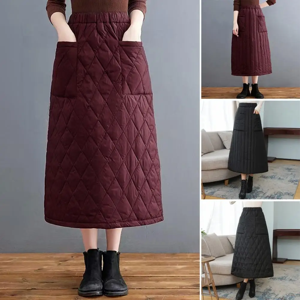 

Warm Skirt Casual Swing Skirt Elegant Women's Down Skirt with High Waist Pockets Stylish A-line Midi for Windproof Comfort Large