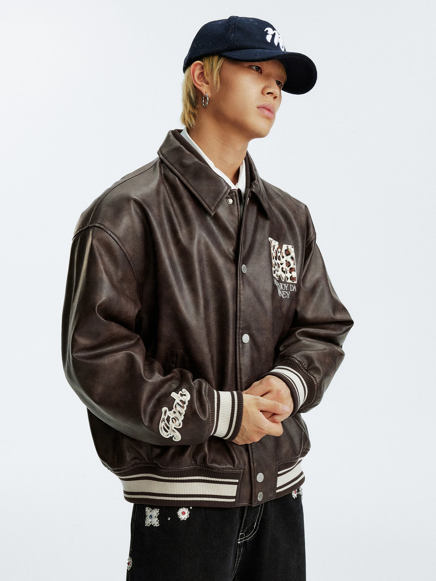 MEDM Jaket Baseball Katun Berkerah Kulit Lapis Ganda Model Lipat Kasual Streetwear Pria Mantel Panjang Hangat Bahan Poliester