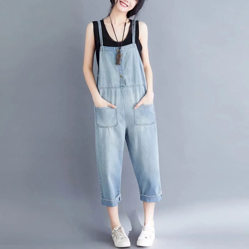 Denim Jumpsuits for Women Harajuku Sleeveless Straight Pants One Piece Outfits Women Capri Pants Loose Casual Vintage Playsuits