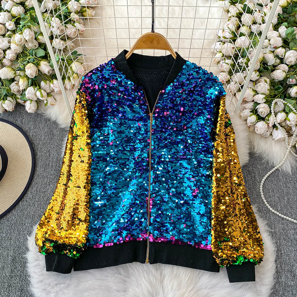 

Gradient Sequins Stand Collar Jacket Women's 2025 Autumn/Winter Loose Fit Slim Party Color Changing Short Zip Up Jacket Tops