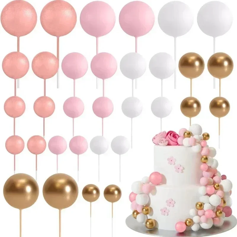 32 STKS Roze Wit Felroze Balvormige Cake Picks Topper Cupcake Insert Topper voor Verjaardagsfeestje Bruiloft Decoratie