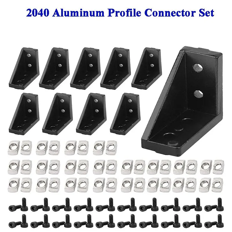 2040 Aluminum Profile Connector Set 10pcs 2040 Corner Bracket + 40pcs M4 T-Slot Nuts + 40pcs M4x10mm Hex Socket Screw Bolt 3D