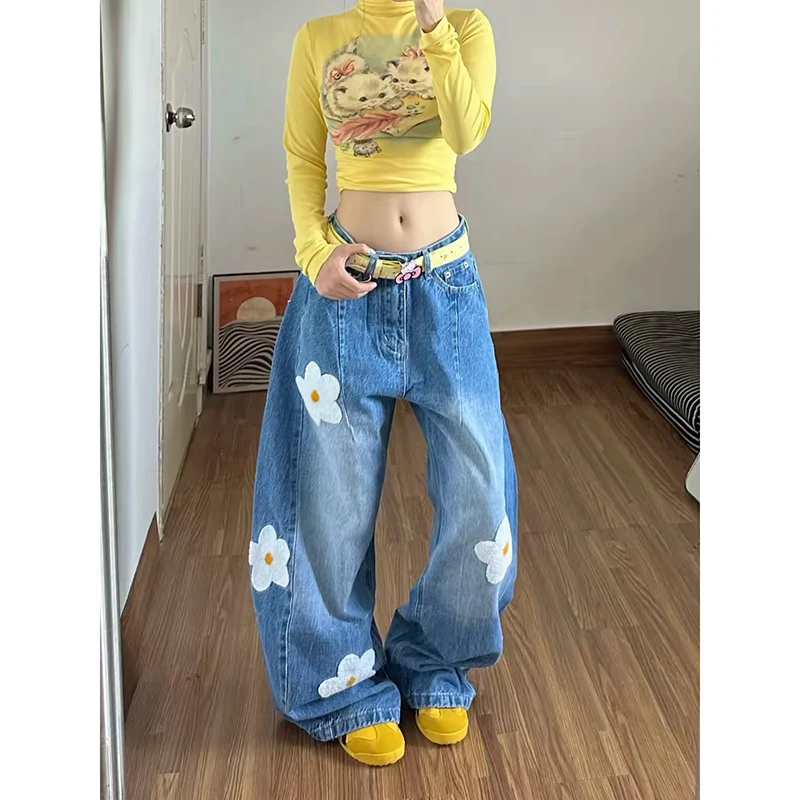 ZHIZOU Women Gothic Y2k Blue Scimitar Jeans Vintage 2000s High Street Grunge American Style Baggy Embroidery Wide Leg Denim Pant