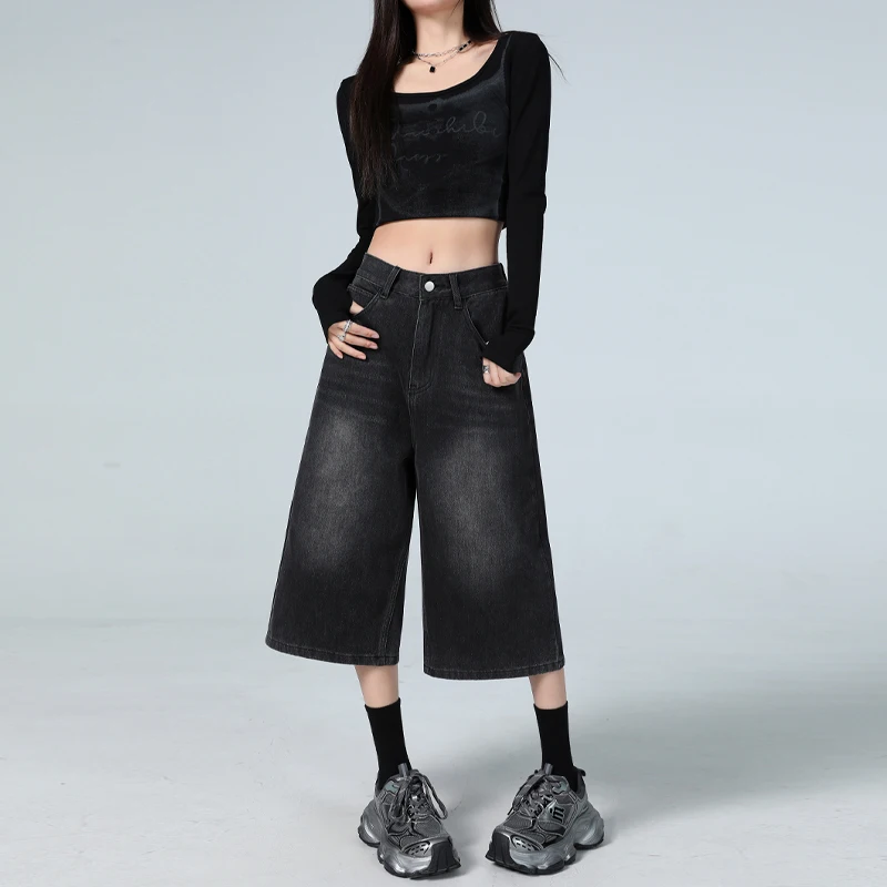 

American High Street Seven-Foot Women'S Jeans Spring Autumn Loose Wide Leg Drapey Straight Cut Trousers Fashion Design