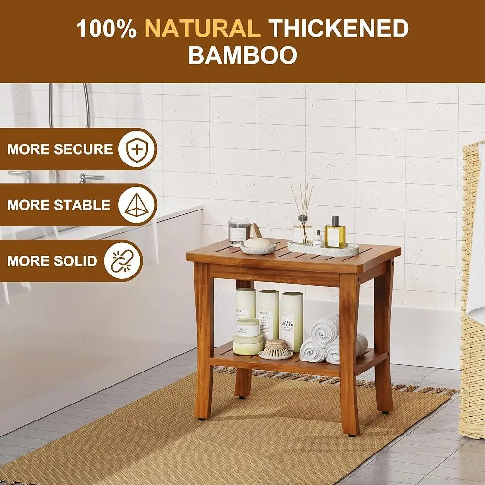 Wooden Teak Shower Bench with Storage Shelf Waterproof Non-Slip Feet Curved Design Easy Assembly Bathroom Stool Elderly Safety