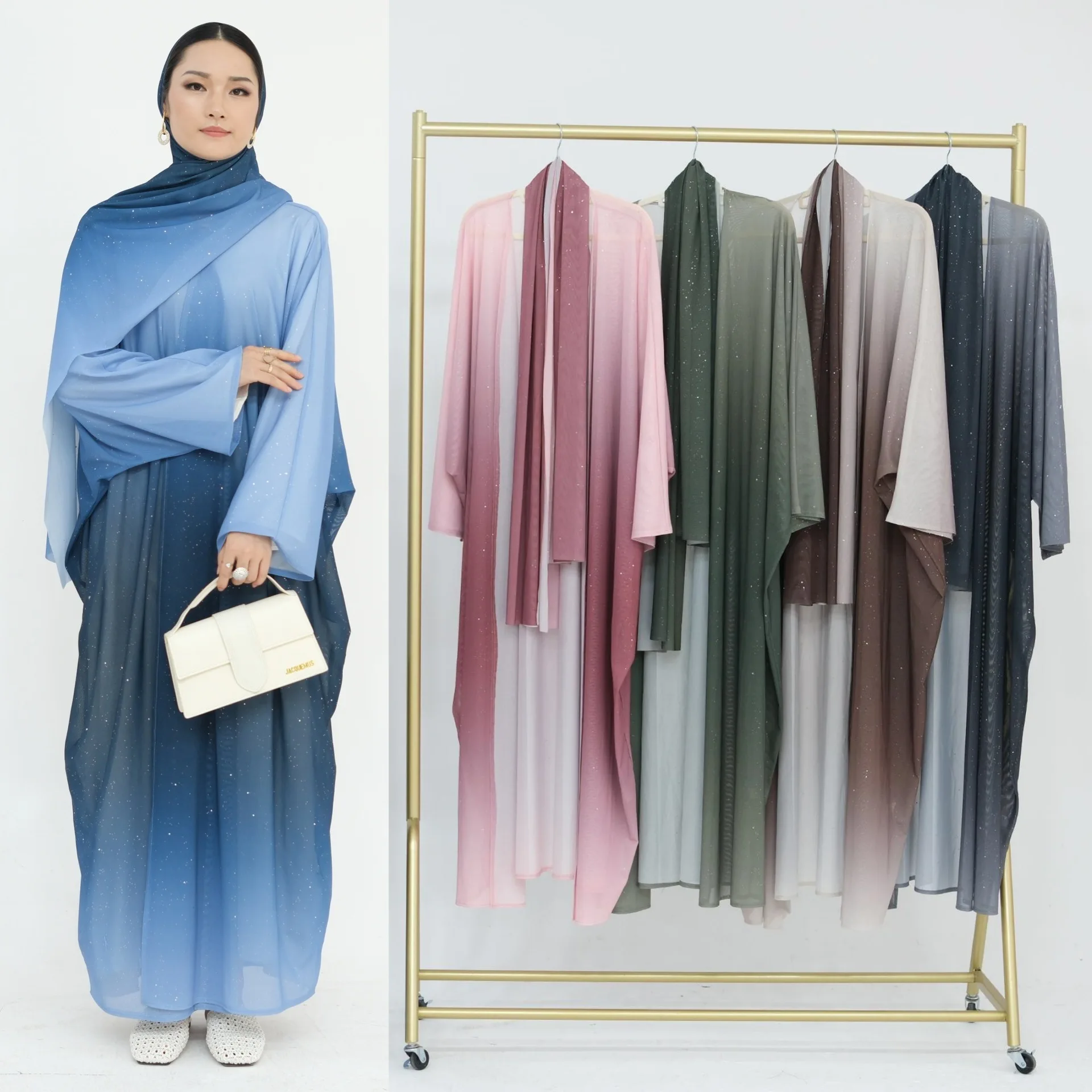2025 Dubai Ombre Gradient Color Modest Fashion 2pcs Suit Abaya Kimono Dresses Hijab Breathable Traditional Muslim Clothing Set