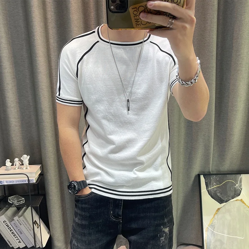 

Мужской трикотажный свитер Slim Fit с круглым вырезом, эластичный, модный, с коротким рукавом, воротник-бомбер, полиэстер, 2024 W...