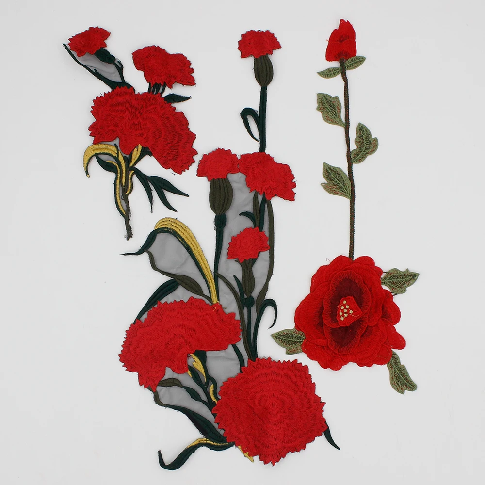 2pcs Embroidery Long Red Flower Patches Applique Wedding Clothing Decoration Sewing Accessories