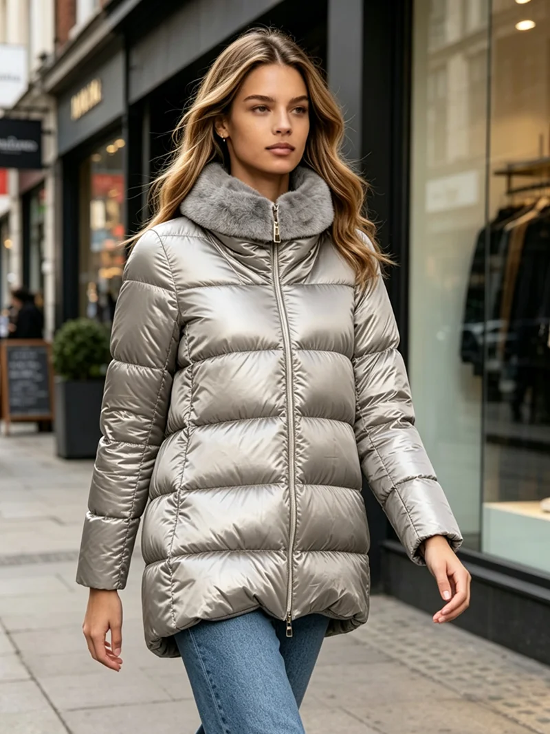 Women's Casual Down Jacket with Fake Leather Collar Medium Long Zipper Winter Warmth Quilted Down Jacket