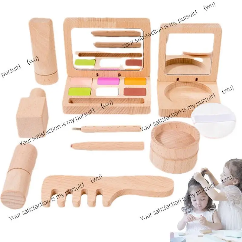 Wooden Makeup Set Wooden Beauty Salon Makeup Kit Playset Portable Dress-Up And Make Up Set For Kids 3 Years Old