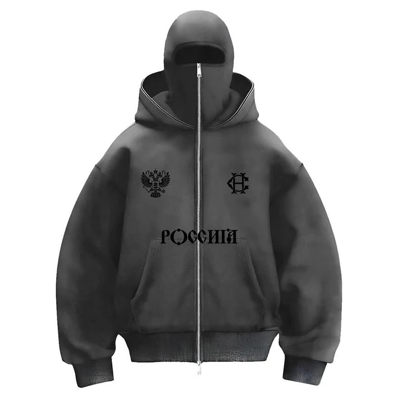 Y2k Gothic Harajuku Double Hat Design Sportswear Winter Zipper Men Sweatshirts Ninja Mask Loose Versatile Windproof Print Hoodie