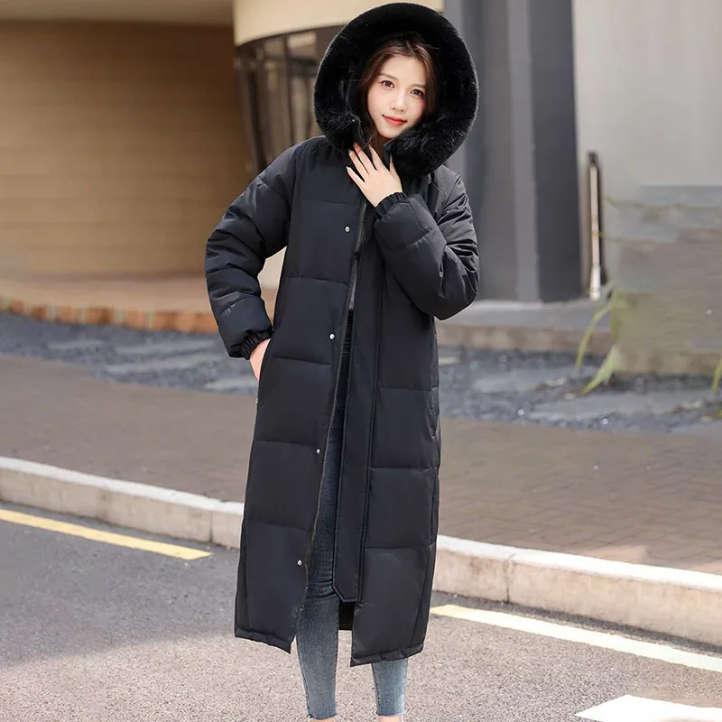 Manteau coréen Long en coton pour femmes, vêtements chauds d'hiver en coton, col en fourrure à capuche, pardessus Parker, vestes matelassées, nouvelle collection