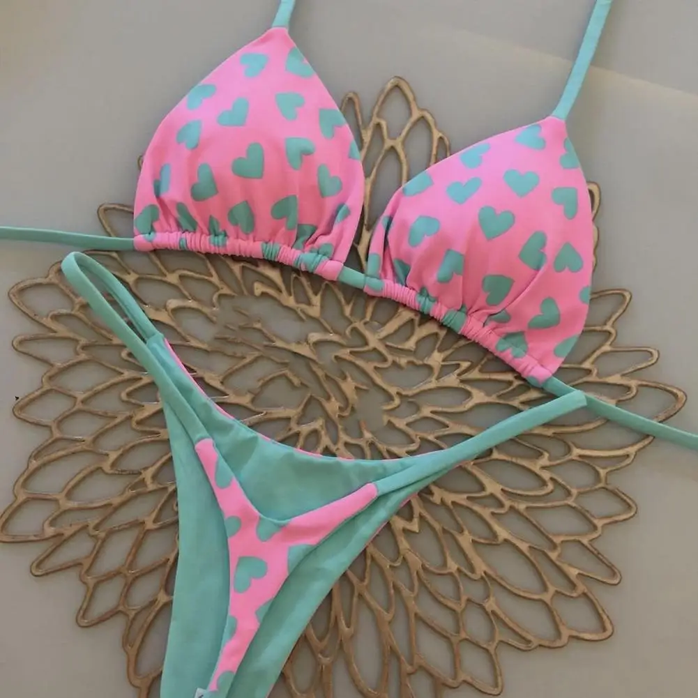 Two-piece Bikini Set Stylish Heart Print Bikini Set with Lace-up Thong High Waist Brazilian Swimwear for Women Sexy Summer