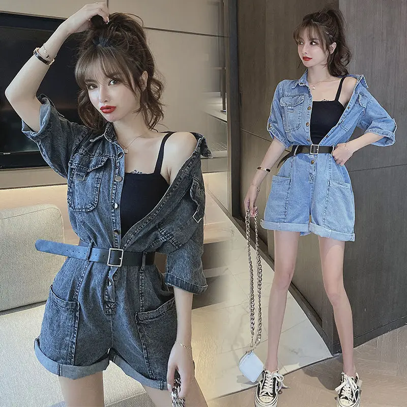 Summer Thin Section New Tooling Denim Jumpsuit Women's High-waisted Thin and Tall Wide-leg Shorts Women Jumpsuit Clothing