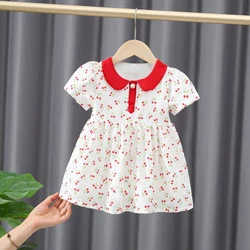 Summer 2024 girls fashion casual solid color printed cherry princess dress/short sleeved dress 1-4 years old