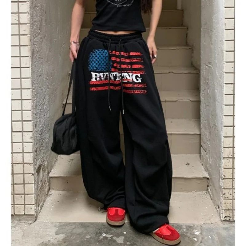 American Hip-Hop Casual Pant High Street Gothic Print Design Elastic Waist Wide-Leg Pants Sports Skateboard Basketball Trousers