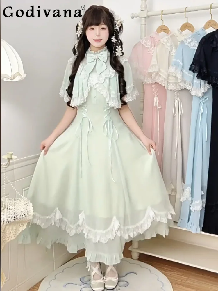 Japanese Elegant Women Summer Bow Temperament Lolita Cloak Dress Sweet Lace High Waist Age Reduction Big Swing Long Dresses