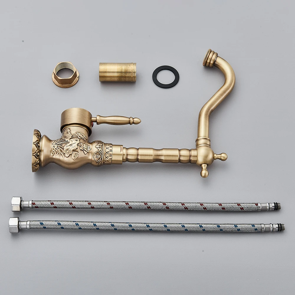 Uythner Kitchen Sink Faucets Retro Brass Antique Bronze Single Handle Kitchen Basin Faucets Deck Mounted Hot&Cold Water Mix Tap