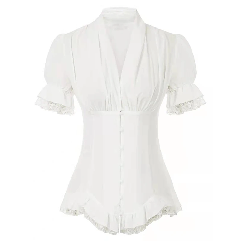 Vintage Victorian Blouse for Women Short Sleeve V Neck Lace Chiffon Slim Corset Shirt Tops