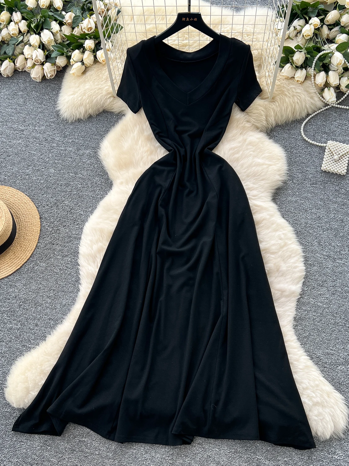 Zomer Casual Losse vrouwen Dr Koreaanse Sle V-Ne ort Sve T-shirt Lange Rok Hoge Taille A-lijn Silhouet Pendelen