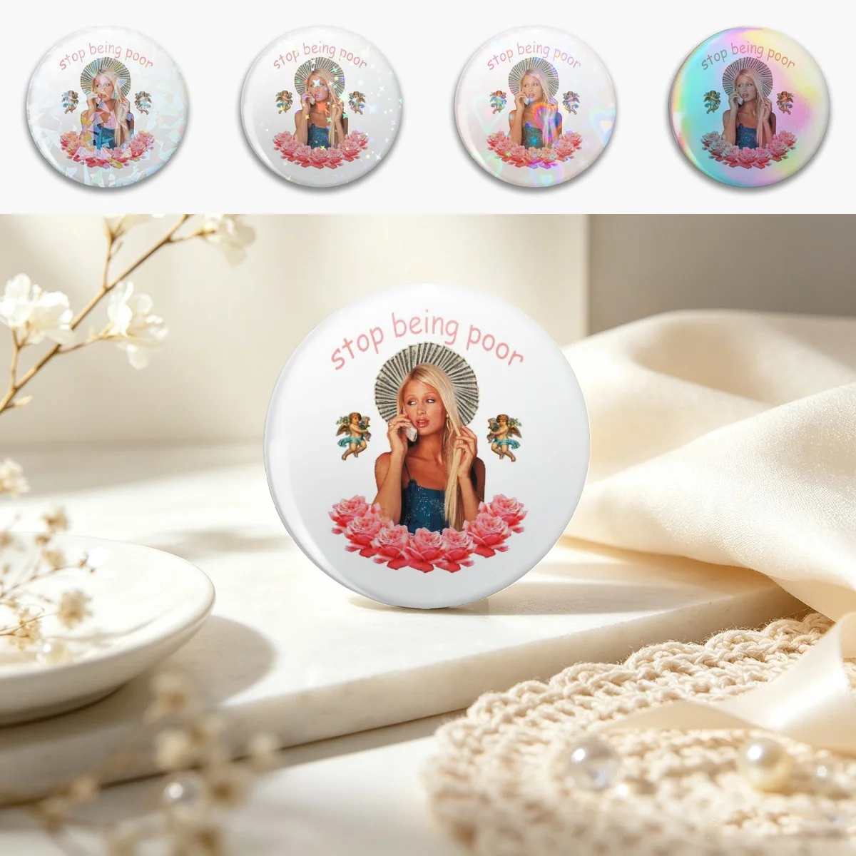 Paris Hilton 'Stop Being Poor' Pin Holographic Star Heart Pin Brooches Laminated Button Fashion Accessory