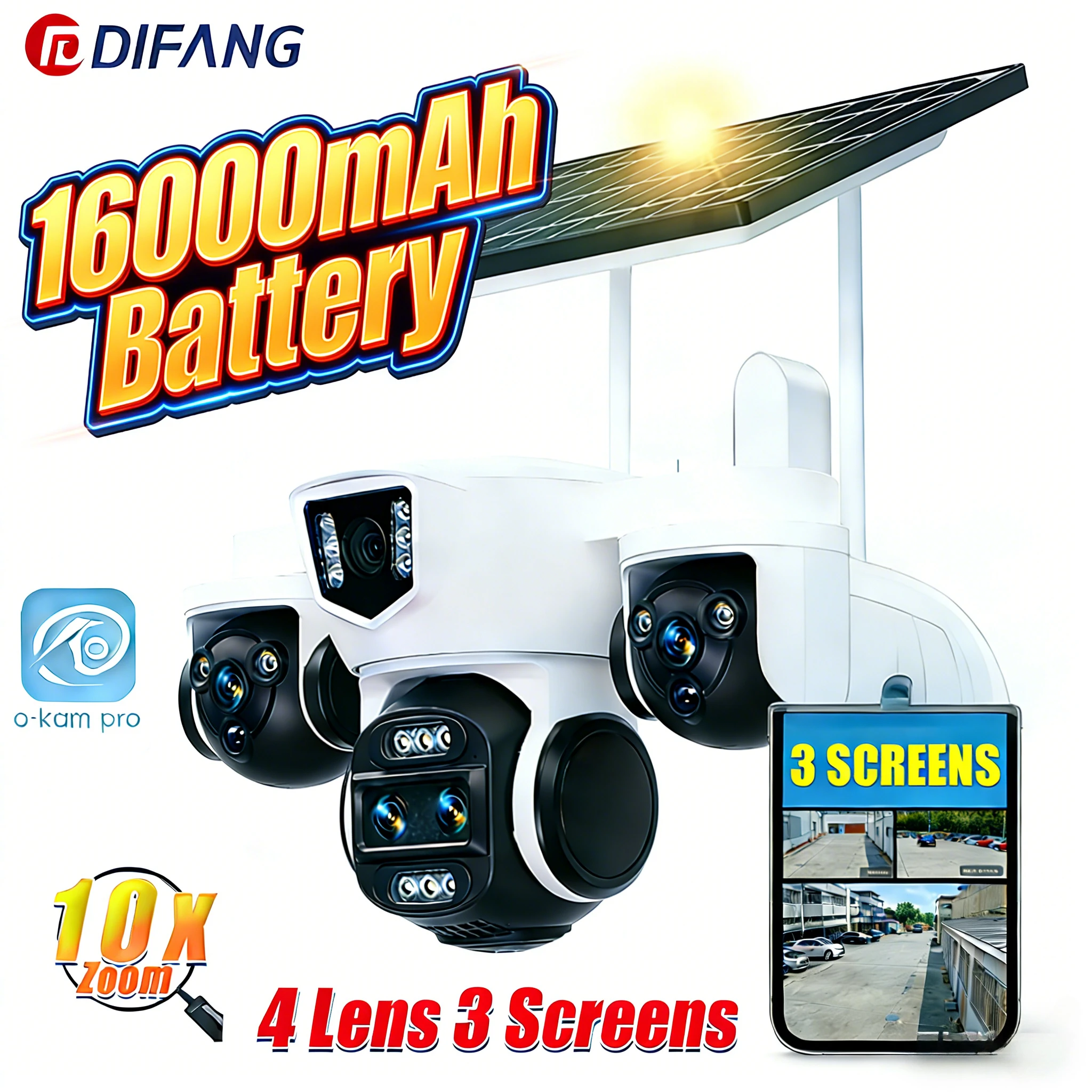 

DIFANG 10K Четыре объектива 3 экрана Солнечная камера безопасности 4G 16000 мАч Аккумулятор 10-кратный оптический зум Wi-Fi Безопасность Открытый CCTV Solar O-KAM Pro