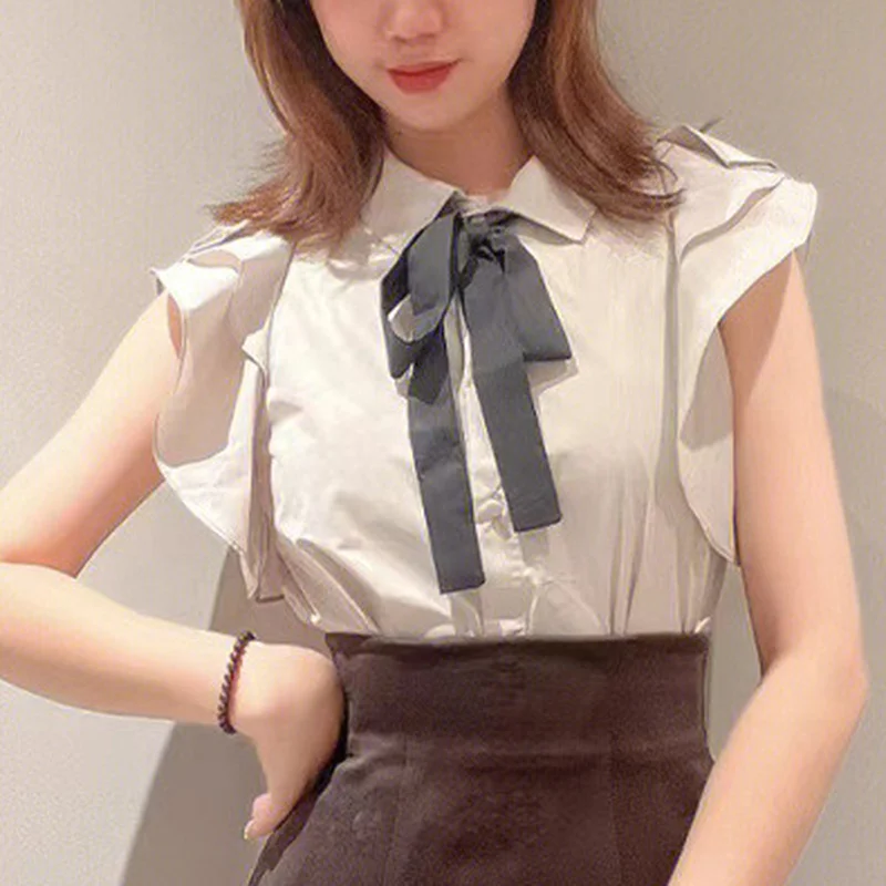 

WAKUTA Women Early Autumn New Blusas Lapel Bowknot Lace Up Flying Sleeves Shirt Mujer De Moda 2024 Japan Sweet OL Blouses