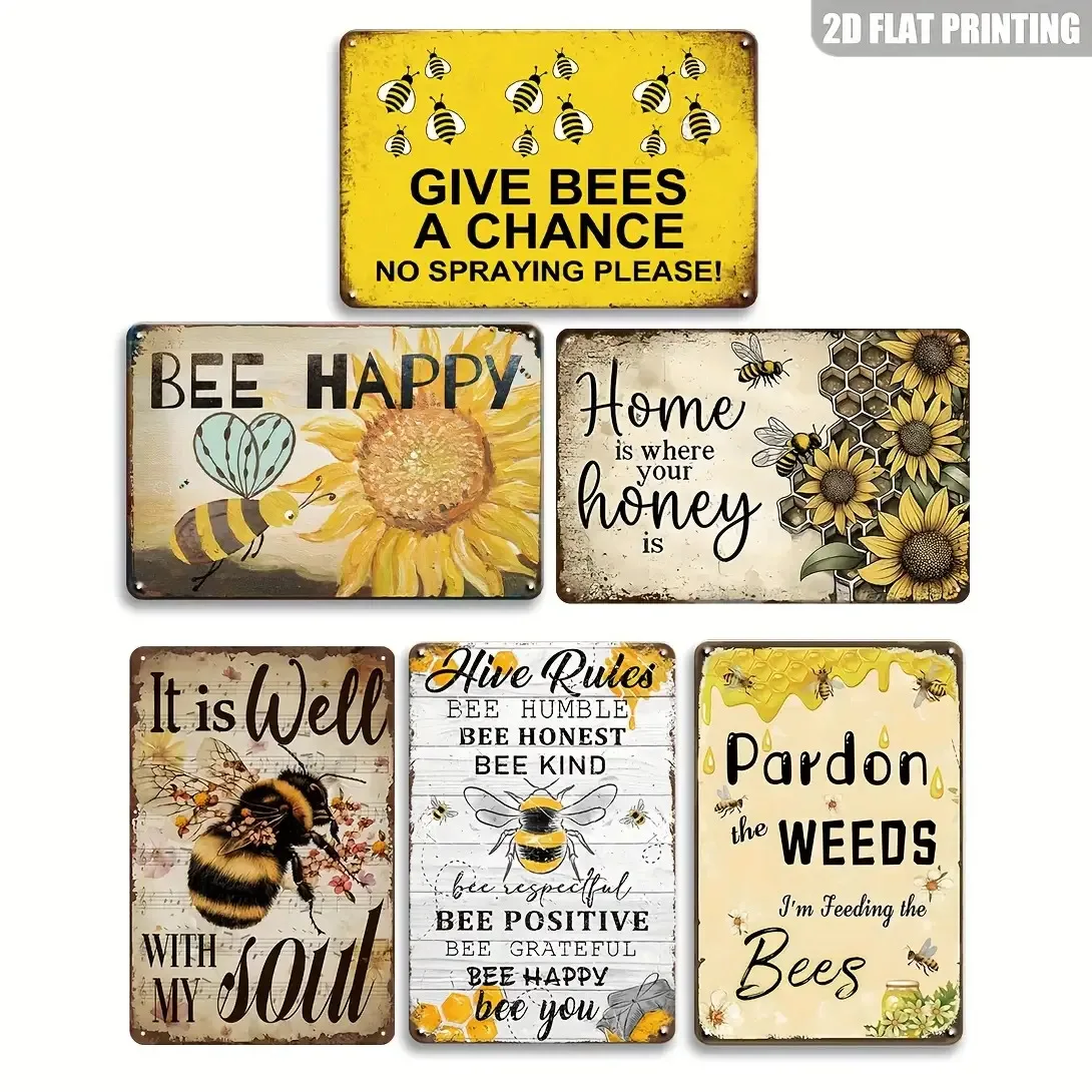 2D Flat, []2D Flat, 6pcs Retro Bee Metal Tin Signs - Country Farmhouse Wall Decor, Bee with Sunflower Design, 20.32X30.48 cm Tin