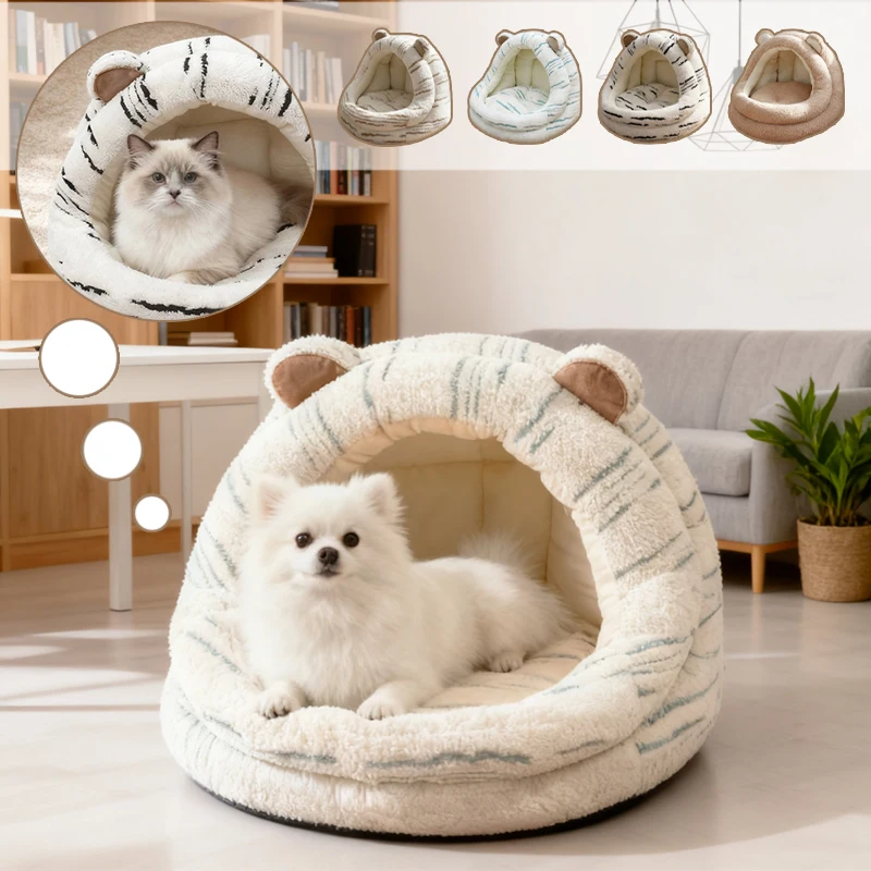 

Winter Warm Semi Enclosed Pet Bed Thickened Cute Bear Style Cozy Nest Four Seasons Use Soft House for Small Dogs Cats Home Decor