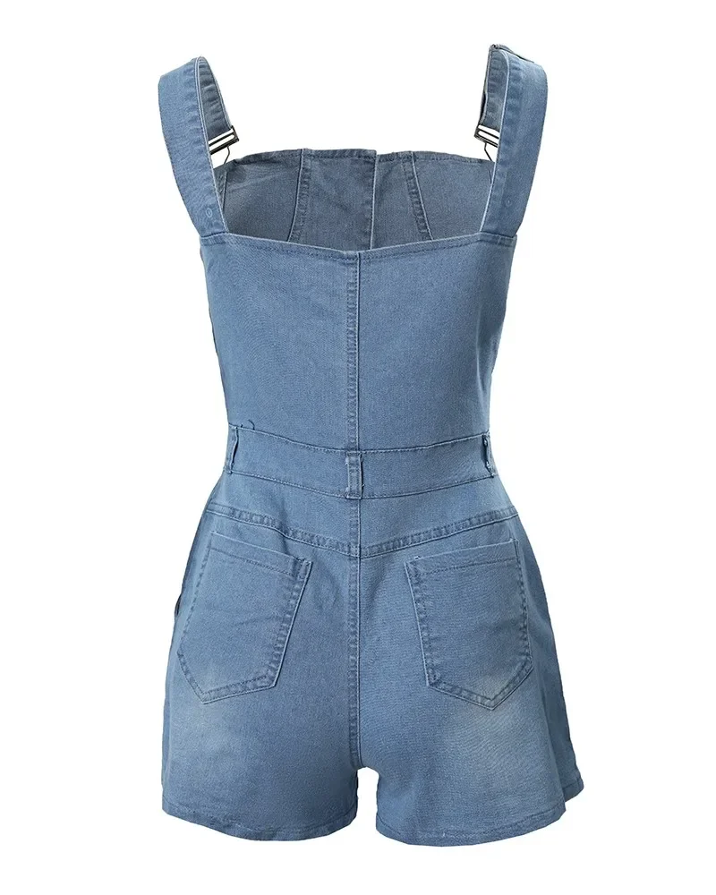 Thin Strap Buttoned Distressed Casual Denim Romper Women Spring Summer Playsuit Short Pants High Waist Sleeveless