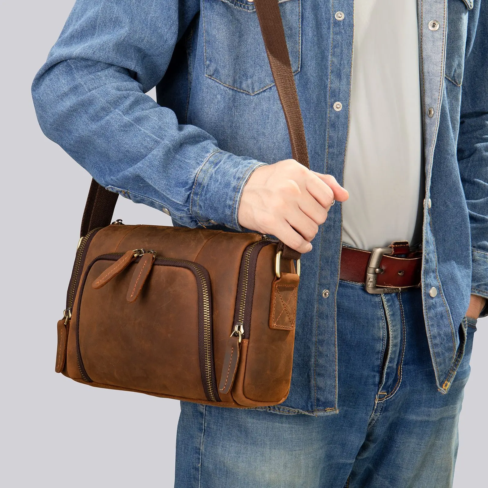 Retro Mad  Leather Men's Crossbody Bag Personality round Tube Single Shoulder Bag Top Layer Cowhide Casual Messenger Bag...