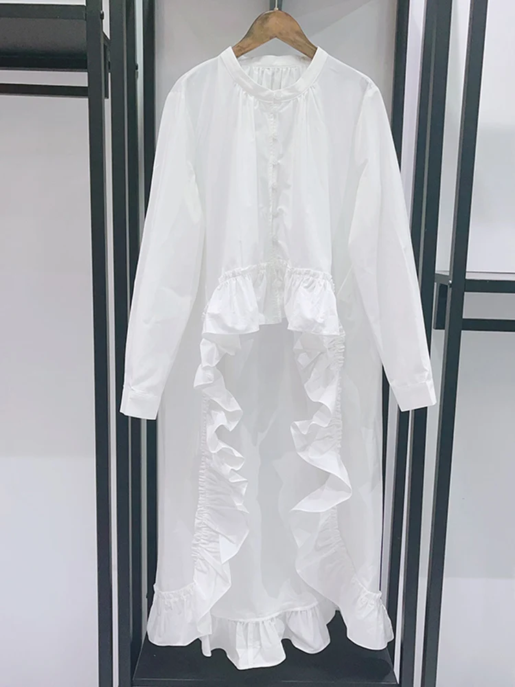 

French Style Tailored Cotton Shirt round Neck Long Sleeve Pure Color Personality Short Front Long Back Tailed Blouse for Women