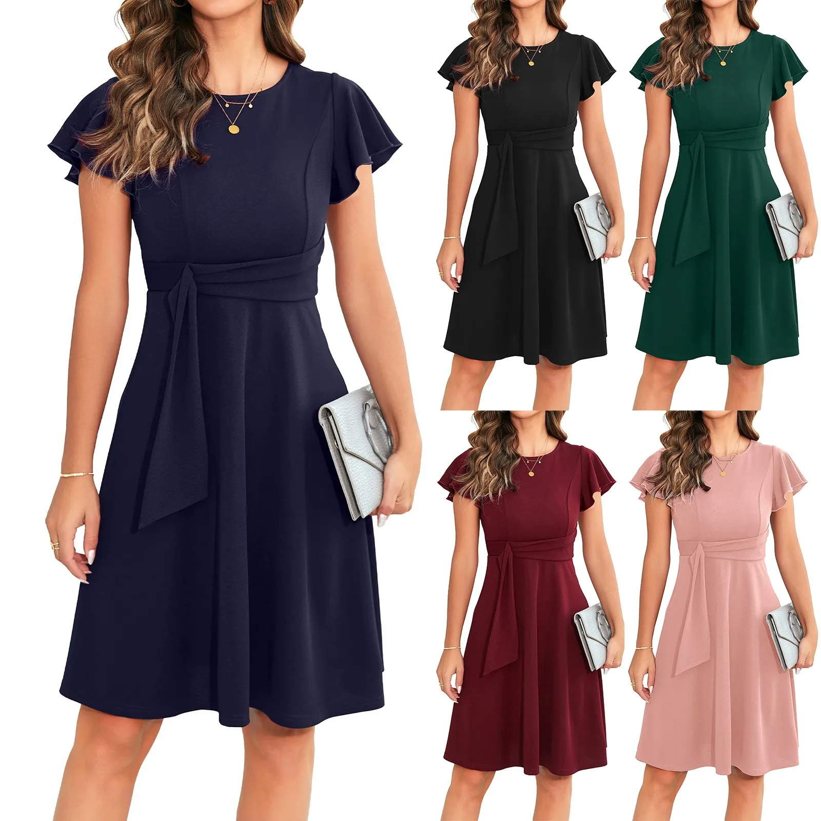 Elegant Short Dress Pleated Swing O Neck Dress Solid Color Loose Dress Women Casual Mini Beach Dresses vestidos para mujer