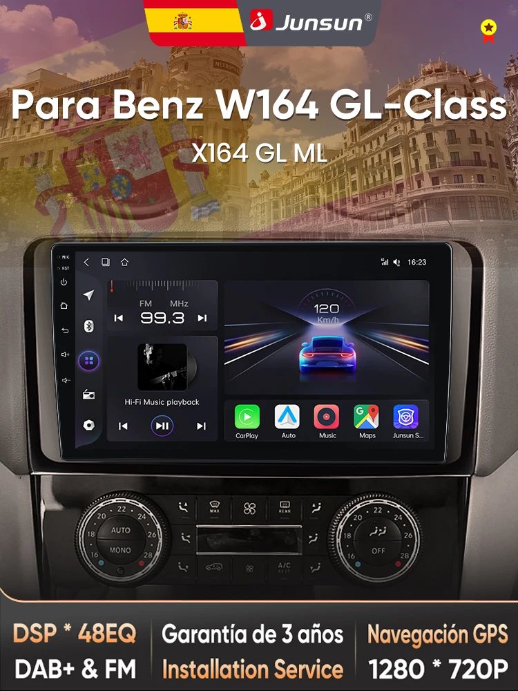 Junsun Radio VozAI do samochodów Mercedes-Benz M-Class W164, GL-Class X164, ML, GL, z funkcją CarPlay, bezprzewodową transmisją Android Auto, autoradiem 2DIN, Bluetooth, DAB+, GPS i RDS. — 2