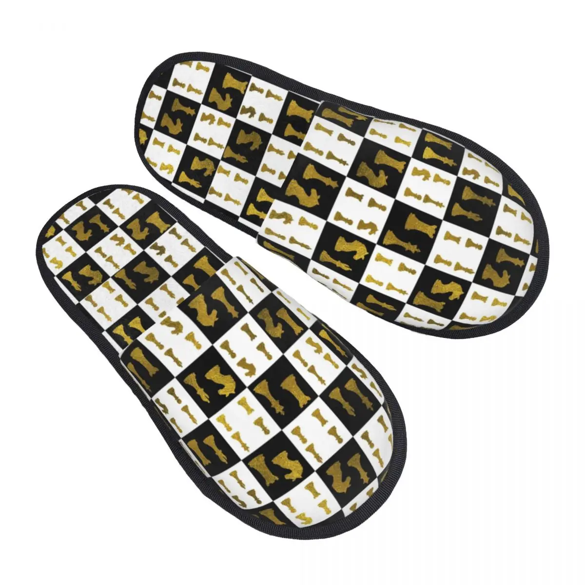 

Custom Chessboard And Gold Chess Pieces Pattern Soft Memory Foam House Slippers Chessboard Comfy Warm Anti-skid Sole Slipper