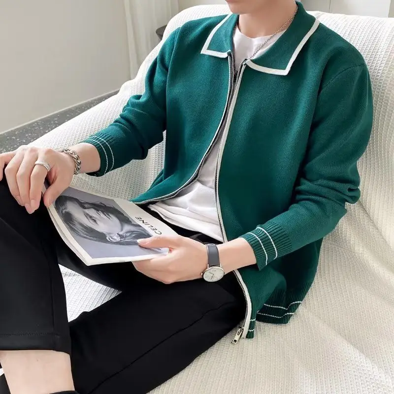 Men's Clothing  Contrast Zipper Cardigan Lapel Knitted Sweater Jacket Fashionable Casual Top